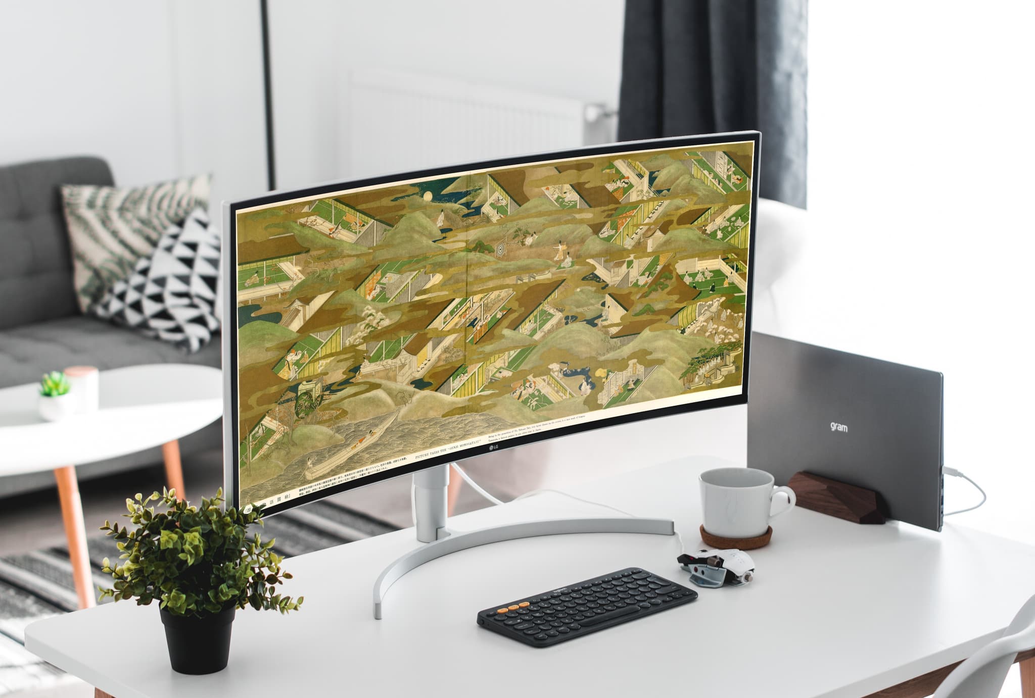Golden scroll on curved ultrawide, home office.